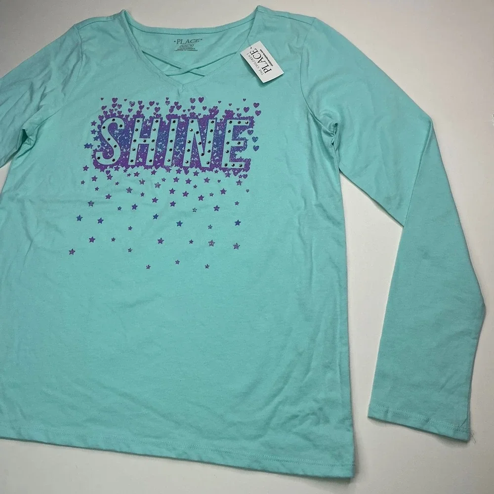 The Children's Place Iced Mint Graphic Tee Kids XL 14 Long Sleeve Shine Glitter